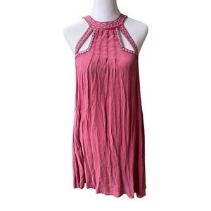 O’Neill Pink Blue White Embroidered Boho Halter Mini Dress Swim Coverup Small